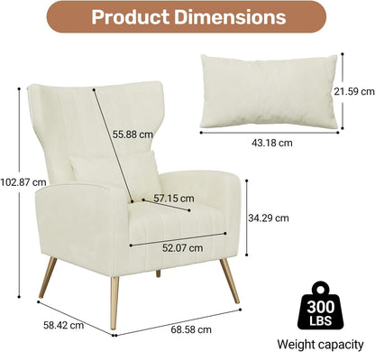 Relaxing Chair, Single Sofa, TV Chair, Wing Chair with Pillow and Gold Metal Feet Made of Velvet up to 130 kg, Bedroom, Living Room, Beige