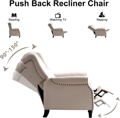EBELLO Pushback Recliner Chair, Fabric Armchair Push Back Recliner with Rivet Decoration, Mid Century Wingback Accent Chair for Living Room, Bedroom, Beige
