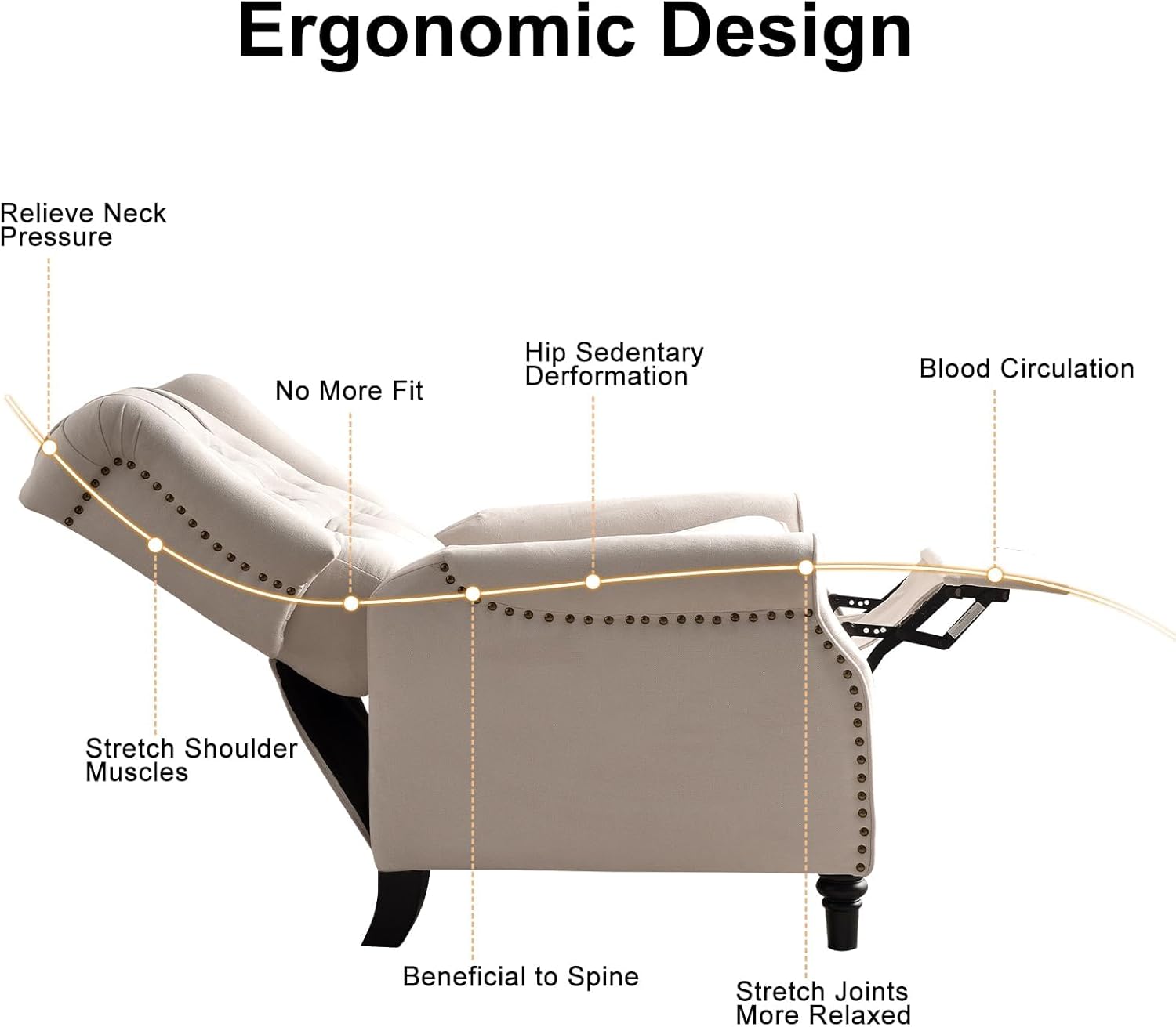 EBELLO Pushback Recliner Chair, Fabric Armchair Push Back Recliner with Rivet Decoration, Mid Century Wingback Accent Chair for Living Room, Bedroom, Beige