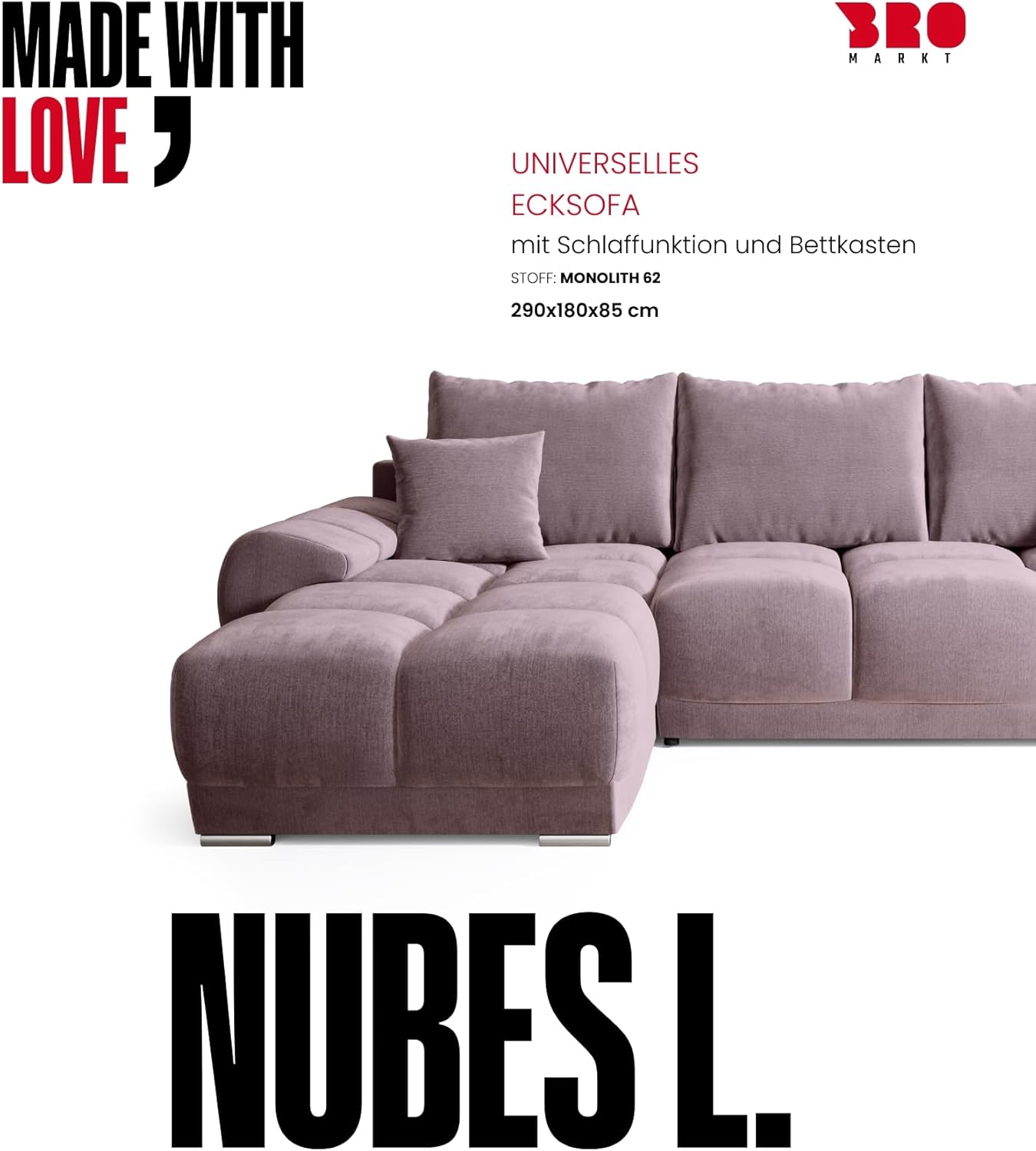 BROMARKT Corner Sofa with Sleep Function and Bed Box Sofa L Shape Couch 294 x 184 cm 5-Seater Living Room Corner Sofa Bed Living Landscape Nubes Dusky Pink