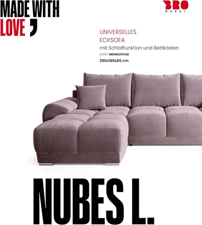 BROMARKT Corner Sofa with Sleep Function and Bed Box Sofa L Shape Couch 294 x 184 cm 5-Seater Living Room Corner Sofa Bed Living Landscape Nubes Dusky Pink