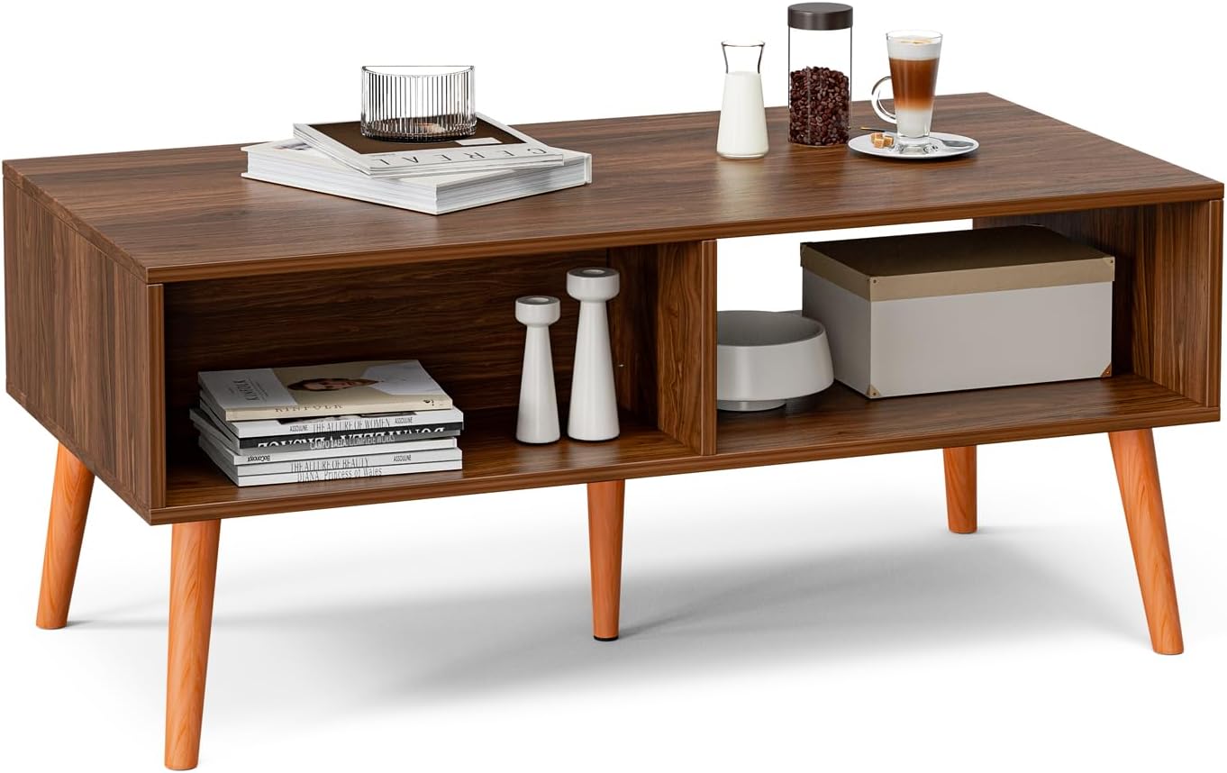 Coffee Table with Storage, Boho Dining Table with Rattan Drawer and Solid Wood Legs, Small Coffee Tables for Living Room, Walnut