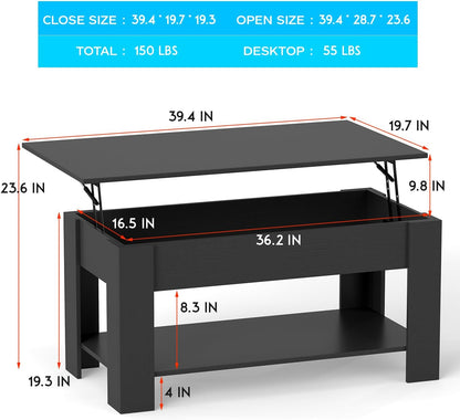 FDW 39.4" Lift Top Coffee Table with Hidden Compartment and Storage Shelf Wooden Lift Tabletop for Home Living Room Reception Room Office,Bark Black