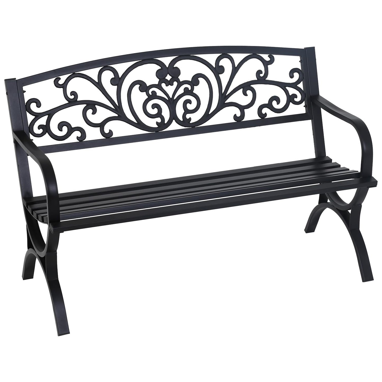 Garden Bench,Outdoor Benches,Iron Steel Frame Patio Bench with Mesh Pattern and Plastic Backrest Armrests for Lawn Yard Porch Work Entryway,Black