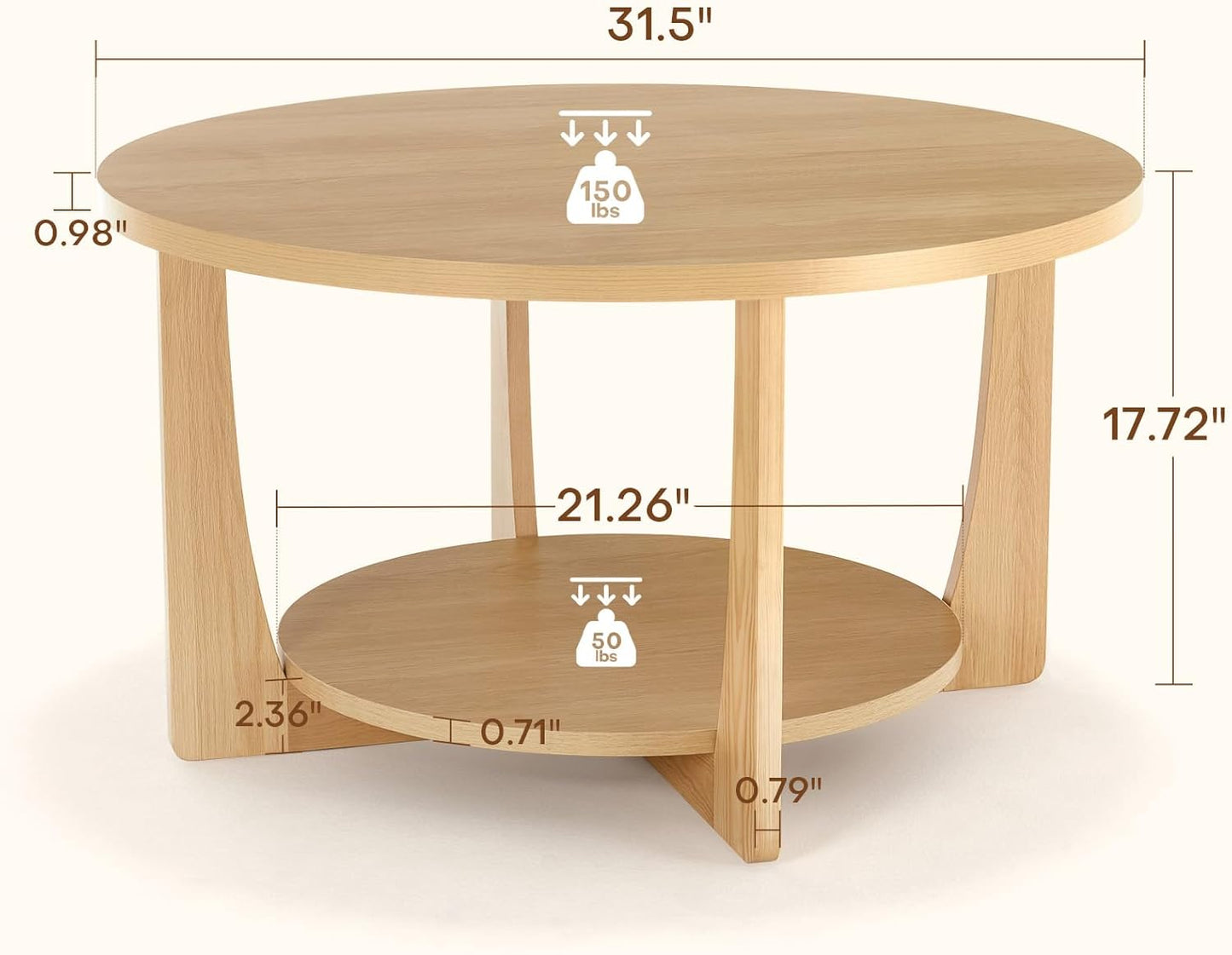 BECHAEO 31.5'' Round Coffee Table with Solid Wood Pine Legs, 2-Tier Retro Round Coffee Table with Storage Shelf, Small Modern Wood Circle Coffee Table Boho Round Center Table for Living Room (Natural)