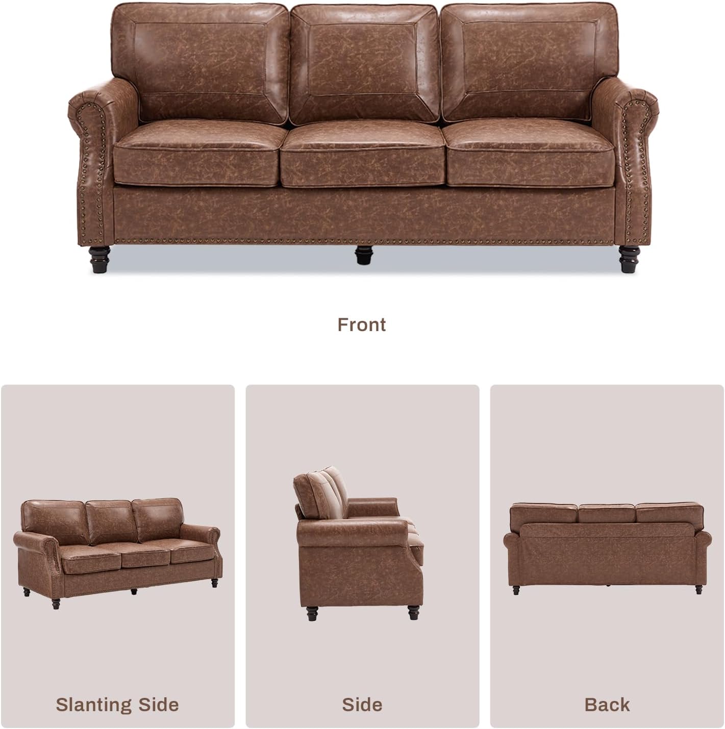 WILLOVE 79'' Faux Leather Sofas for Living Room, Mid Century Modern Couches with Rolled Arm & Nailhead Trim for Small Space, Apartment, Dark Brown