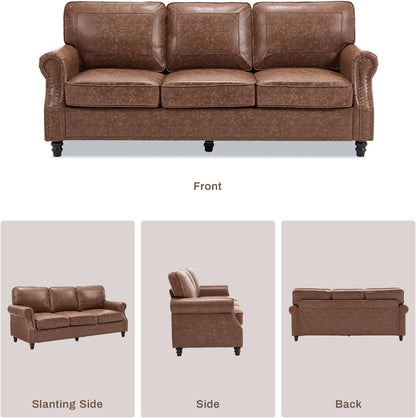 WILLOVE 79'' Faux Leather Sofas for Living Room, Mid Century Modern Couches with Rolled Arm & Nailhead Trim for Small Space, Apartment, Dark Brown