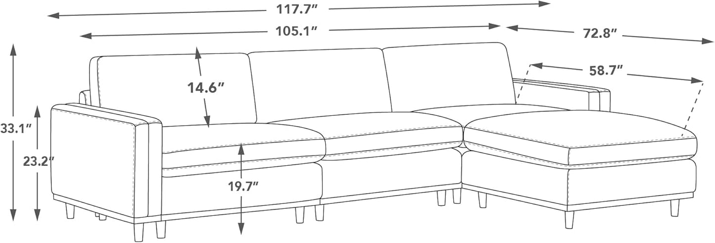 CHITA Super Large Luxury L Shape Convertible Sectional Modular Sofa, Down Filled Modern Sofa with Ottoman, Deep Seat Cloud Couch, 118 inch Width, 4 Seat Couch with Solid Wood Leg, Linen