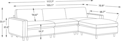 CHITA Super Large Luxury L Shape Convertible Sectional Modular Sofa, Down Filled Modern Sofa with Ottoman, Deep Seat Cloud Couch, 118 inch Width, 4 Seat Couch with Solid Wood Leg, Linen