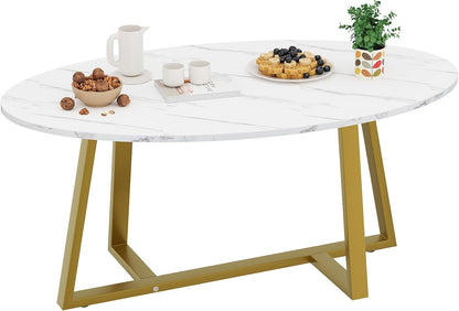Coffee Table White Faux Marble Coffee Table for Living Room,Oval Center Tables Modern Tea Table for Small Space,Wooden Living Room Tables End Table with Sturdy Gold Metal Leg