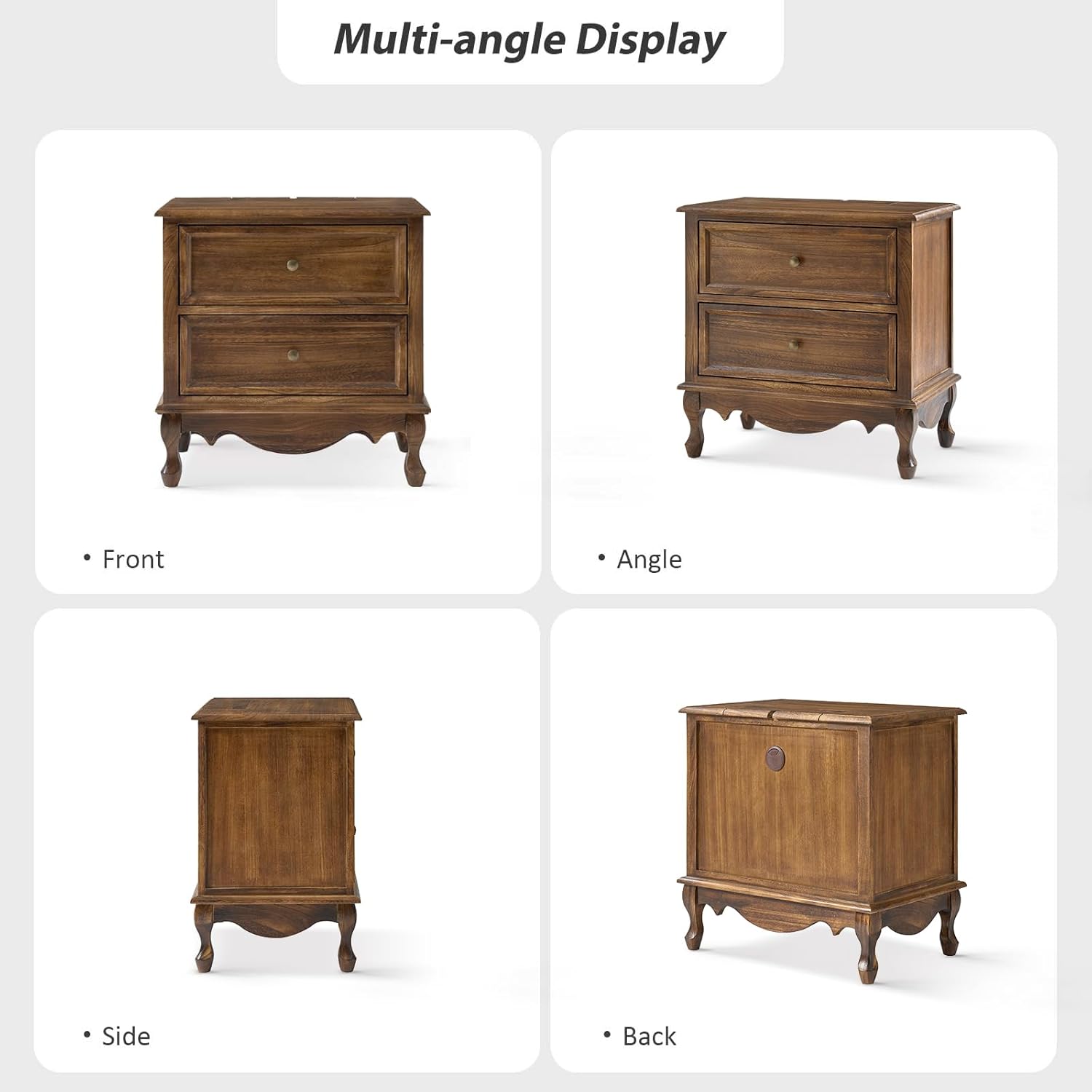 HULALA HOME Solid Wood Nightstand with Charging Station, Vintage Night Stand with Wood Legs and 2 Drawers, French Bedside Table for Bedroom Living Room，Walnut