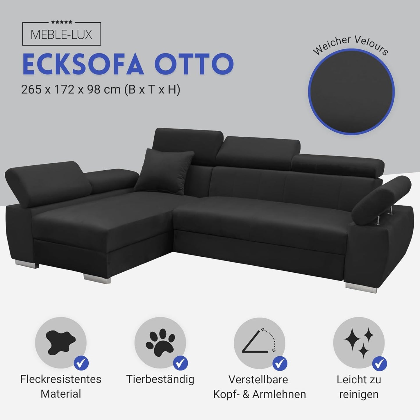 Ecksofa OTTO, Eckcouch mit Schlaffunktion, Federkern, Verstellbare Kopfstützen, Einfacher Klappmechanismus, Bettfunktion, Zusätzlicher Stauraum, Plüsch Anthrazit, Links