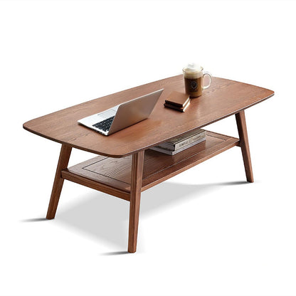 100% Solid Oak Coffee Table with Storage Shelf, 2-Tier Wooden Center Table for Living Room, Farmhouse Rustic Rectangle Table, Easy Assembly, Walnut Color, 39.37inch