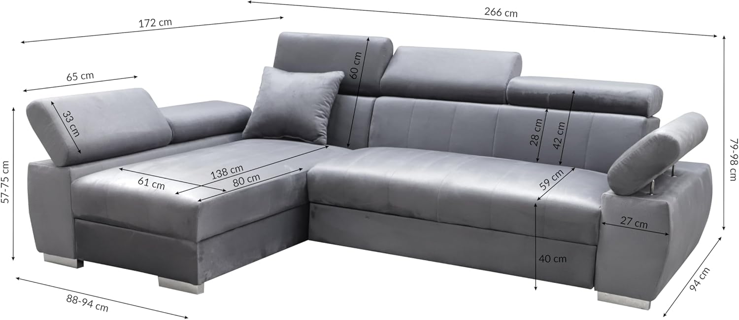 Ecksofa OTTO, Eckcouch mit Schlaffunktion, Federkern, Verstellbare Kopfstützen, Einfacher Klappmechanismus, Bettfunktion, Zusätzlicher Stauraum, Plüsch Anthrazit, Links