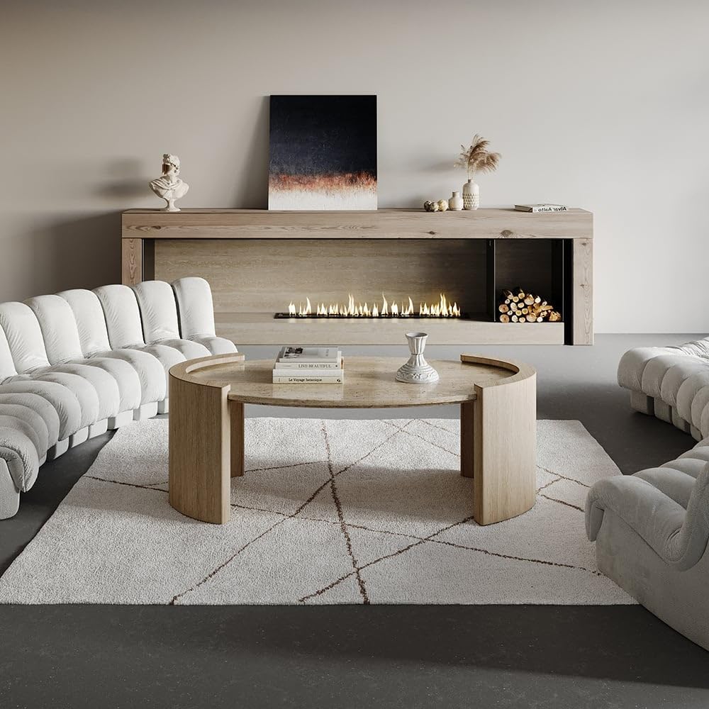 homary 43" Japandi Oval Travertine Stone Top Coffee Table – Double Pedestal Oval Coffee Table with Natural Beige Stone Surface and Engineered Wood Base for Living Room and Lounge