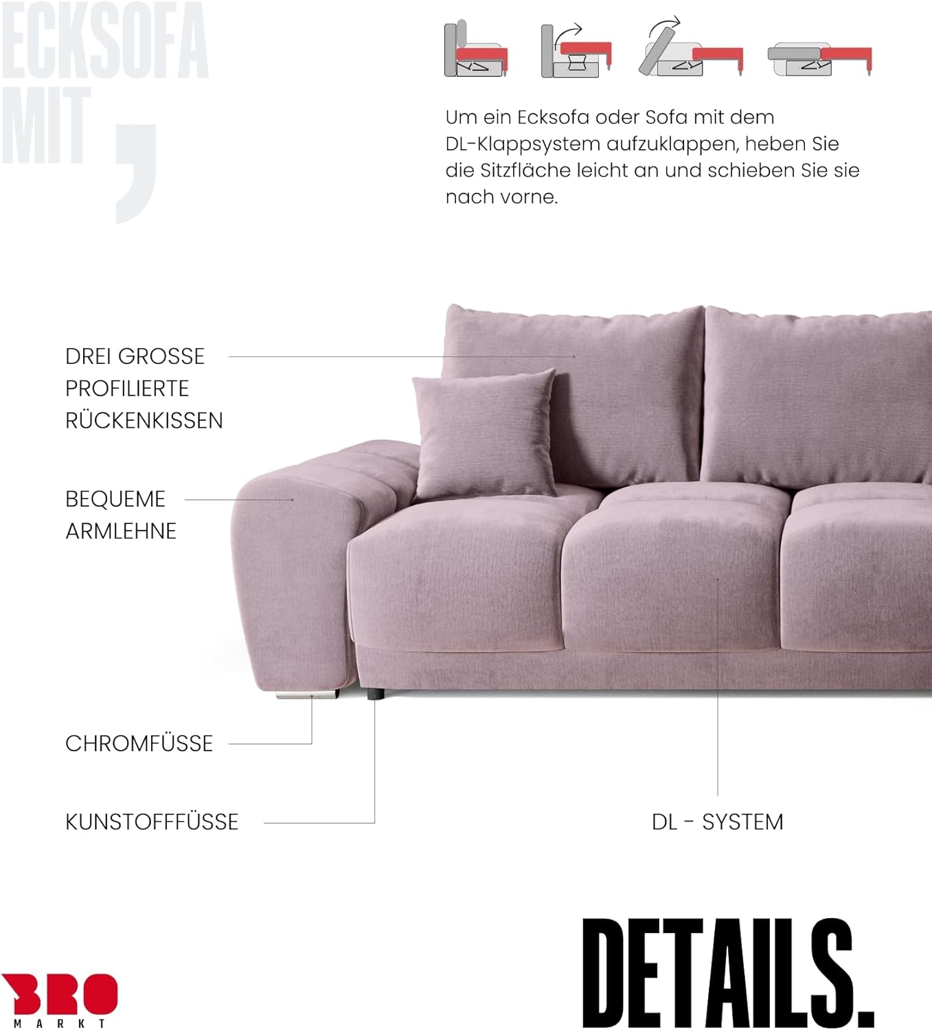 BROMARKT Corner Sofa with Sleep Function and Bed Box Sofa L Shape Couch 294 x 184 cm 5-Seater Living Room Corner Sofa Bed Living Landscape Nubes Dusky Pink