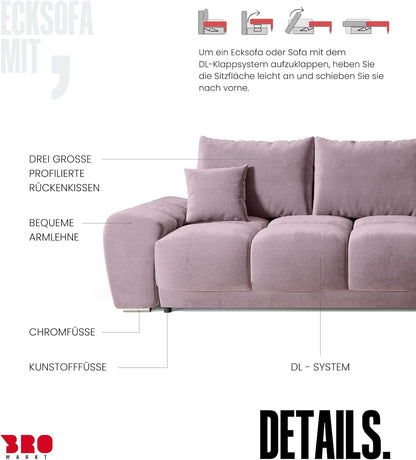 BROMARKT Corner Sofa with Sleep Function and Bed Box Sofa L Shape Couch 294 x 184 cm 5-Seater Living Room Corner Sofa Bed Living Landscape Nubes Dusky Pink