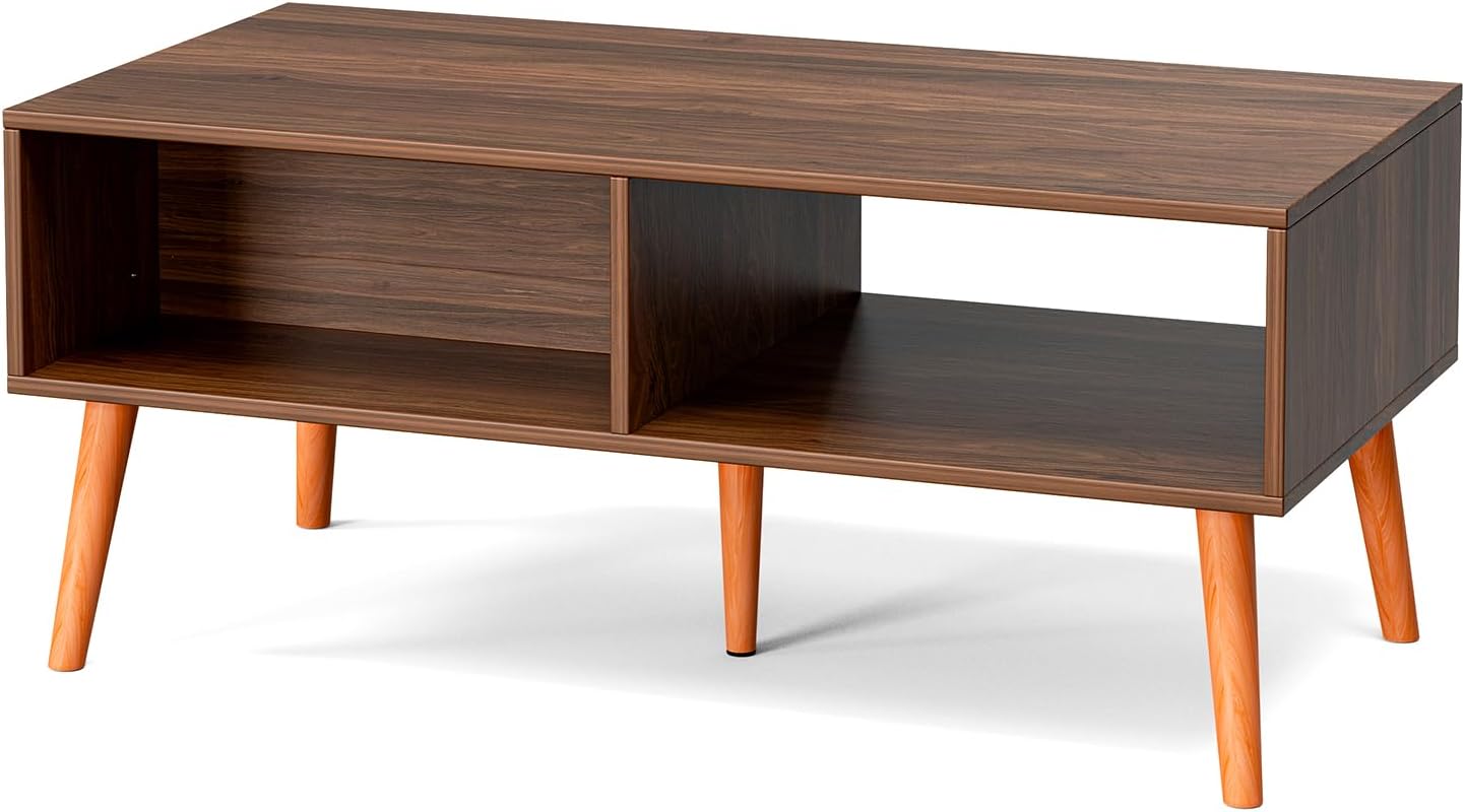 Coffee Table with Storage, Boho Dining Table with Rattan Drawer and Solid Wood Legs, Small Coffee Tables for Living Room, Walnut