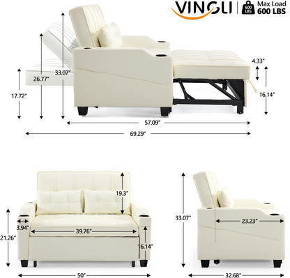 VINGLI Beige Loveseat Sleeper Sofa, Convertible Futon Sofa Bed Faux Leather Pullout Couch Bed with USB Ports, Cup Holders, Armrest for Living Room, Bedroom, Home Office Apartment