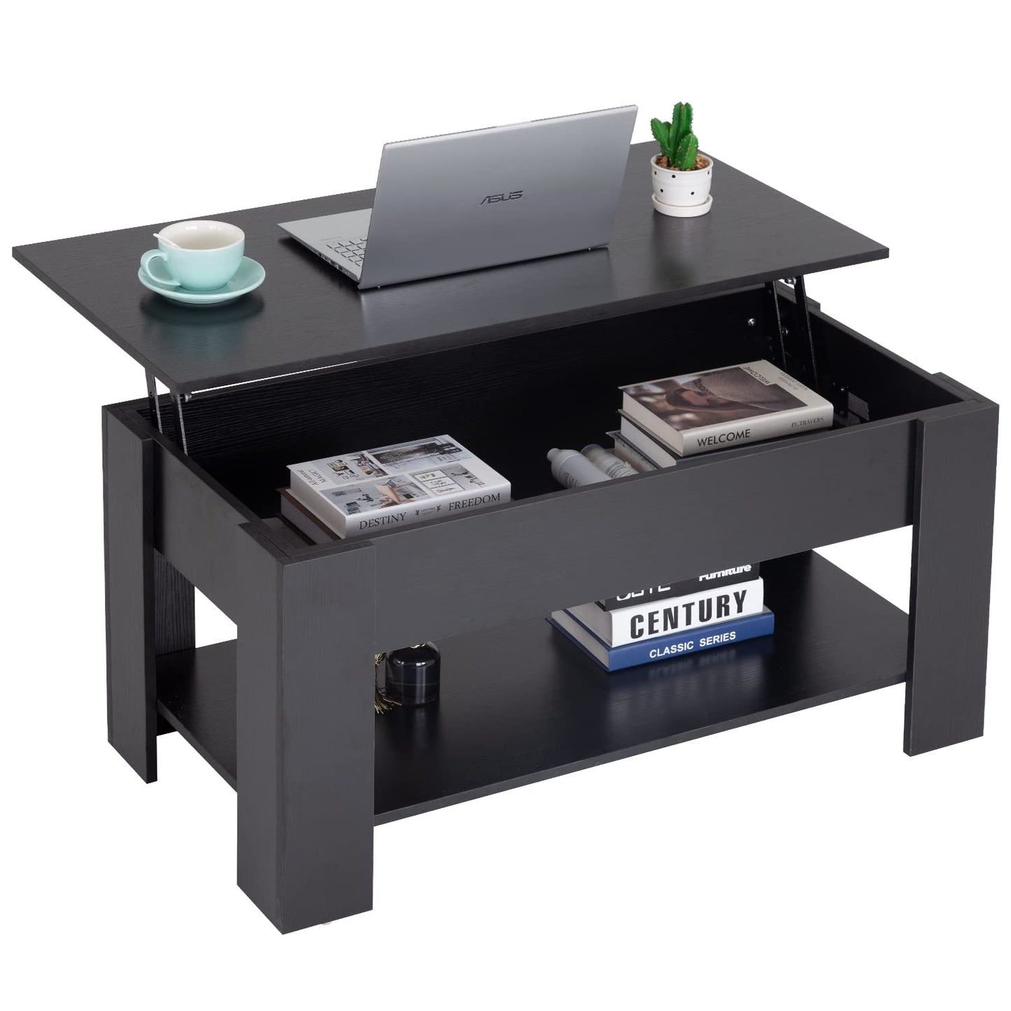 FDW 39.4" Lift Top Coffee Table with Hidden Compartment and Storage Shelf Wooden Lift Tabletop for Home Living Room Reception Room Office,Bark Black