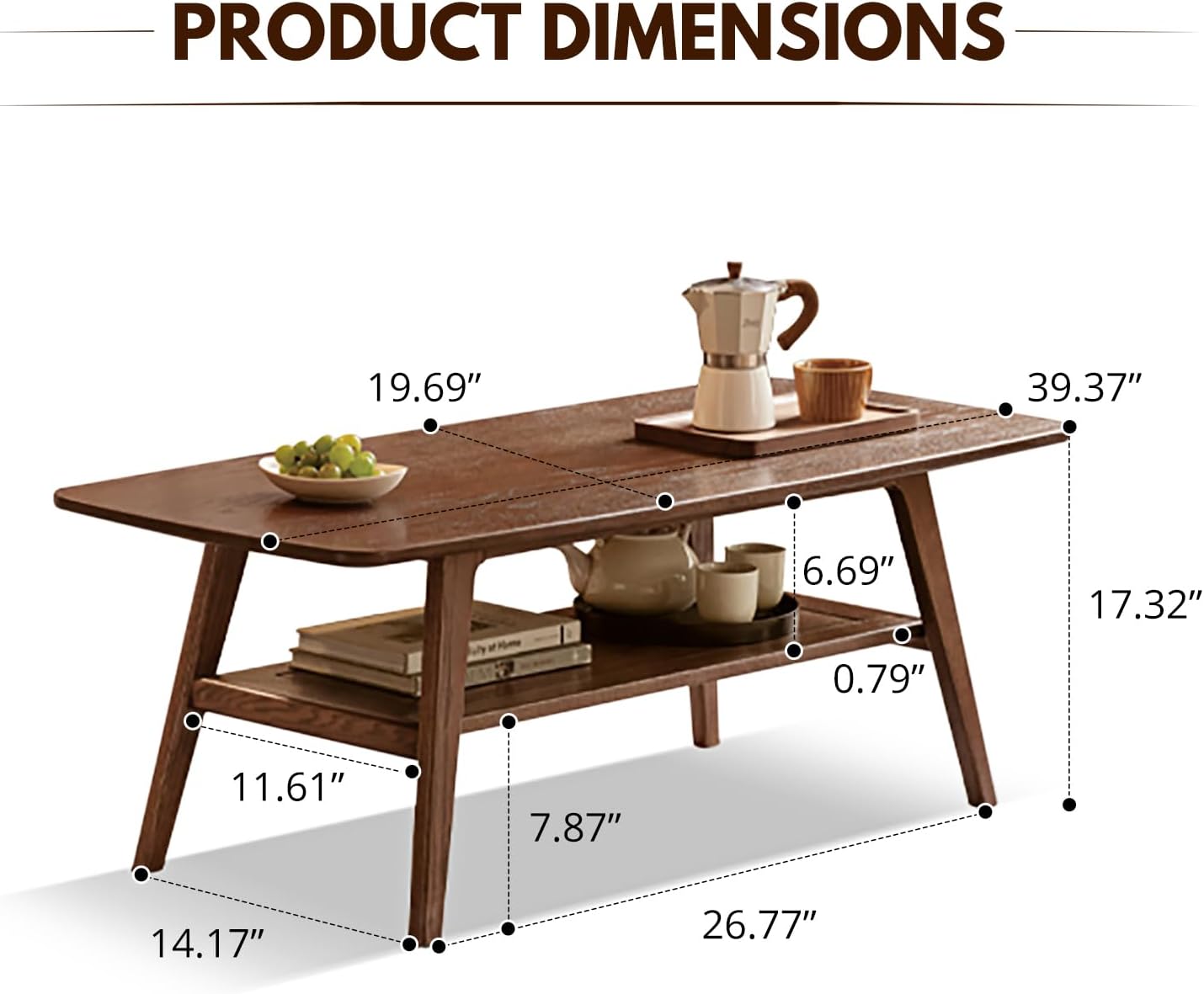 100% Solid Oak Coffee Table with Storage Shelf, 2-Tier Wooden Center Table for Living Room, Farmhouse Rustic Rectangle Table, Easy Assembly, Walnut Color, 39.37inch