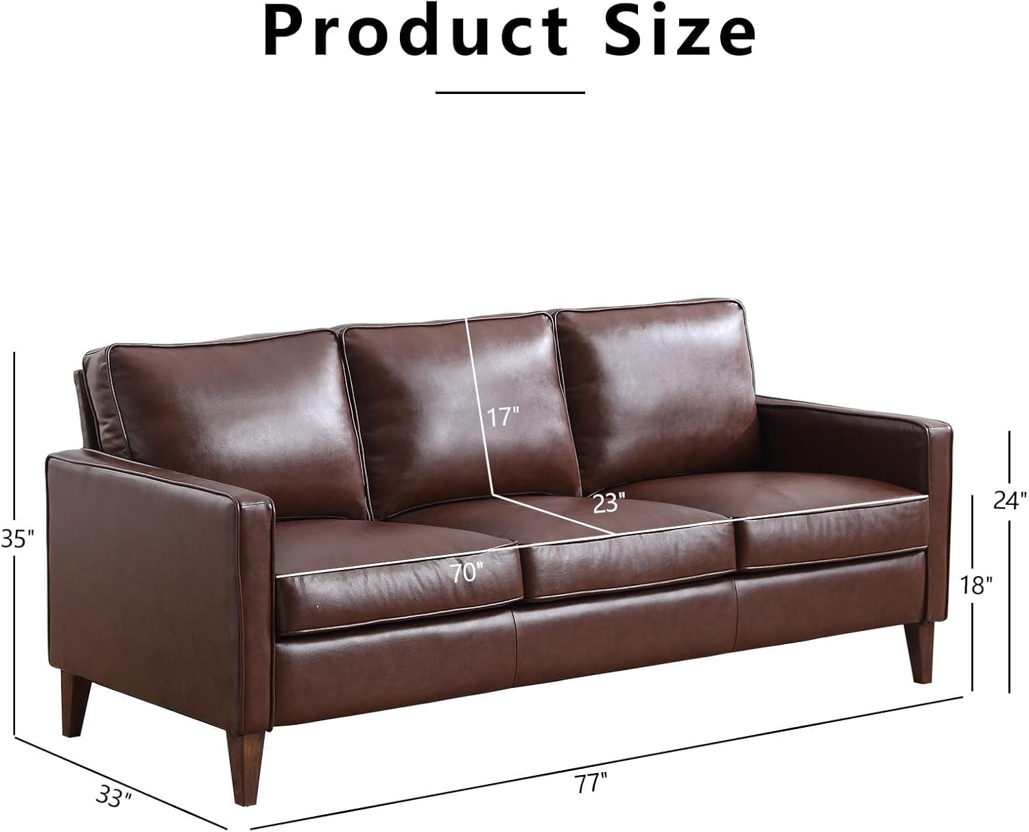 EBELLO 77” Mid Century Modern Sofa Couch, 3 Seater Faux Leather Couches for Living Room, Soft Padded Comfy Cushion, Small Sofa for Small Spaces, Bedroom, Apartment, Dark Brown