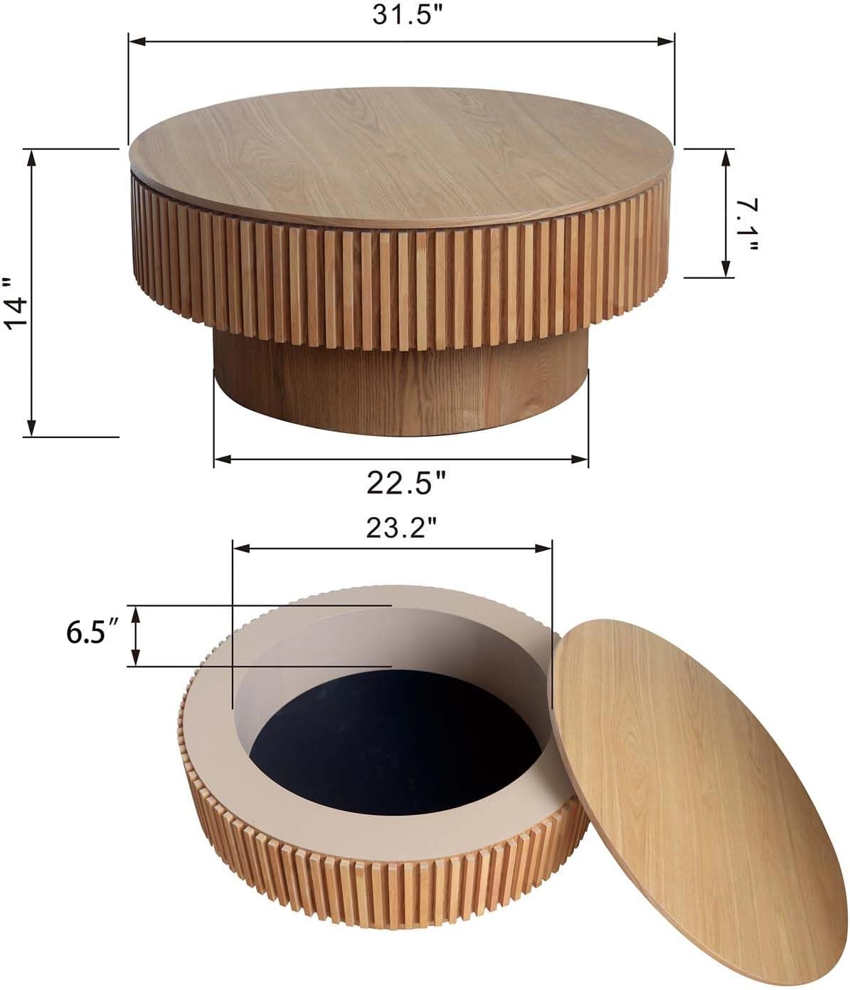 Round Coffee Table with Storage, Modern Wooden Coffee Table with Solid Wood Veneered, Circle Center Table Accent Tea Table for Living Room Apartment Small Space (31.5''L × 31.5''W × 14''H, Natural)