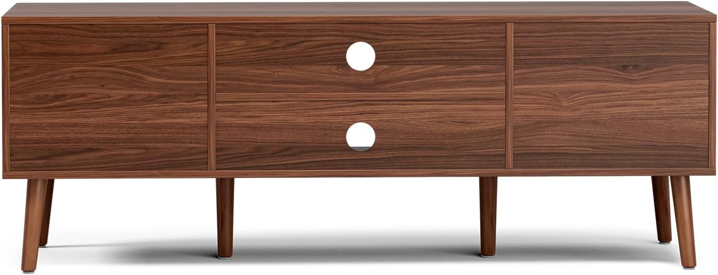 TV Stand for Living Room, Mid Century Modern Entertainment Center for 55/60 inch TVs, TV Console with Fluted Door Cabinets and Open Shelves, for Bedroom, Walnut