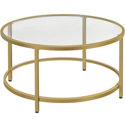 Yaheetech Gold Glass Coffee Table for Living Room, 27.6" Round Glass Coffee Table with Metal Frame, Circle Coffee Table for Home, Office, Apartment