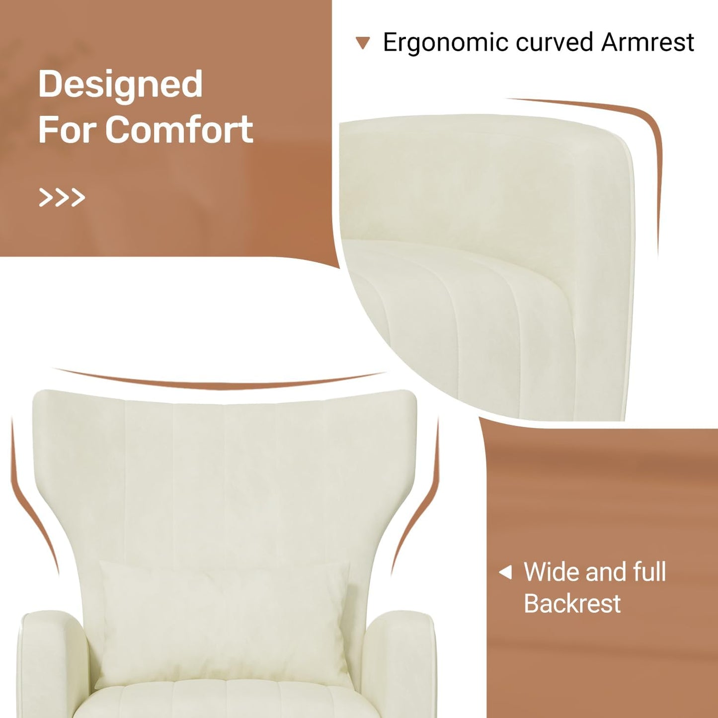 Relaxing Chair, Single Sofa, TV Chair, Wing Chair with Pillow and Gold Metal Feet Made of Velvet up to 130 kg, Bedroom, Living Room, Beige