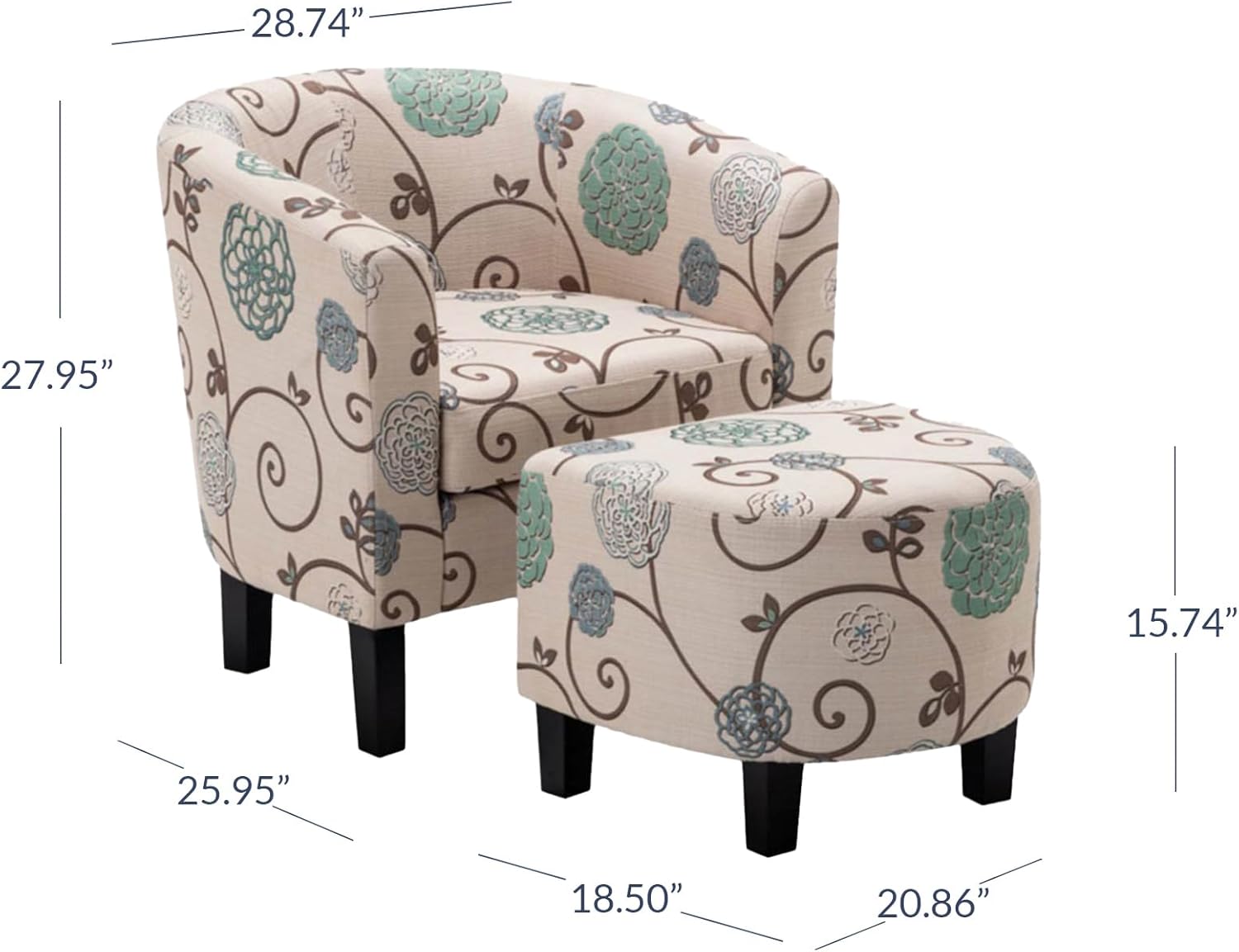 BELLEZE Accent Chair with Ottoman Set, Modern Upholstered Curved Back Chair, Barrel Round Tub Reading Chair and Footrest for Living Room Bedroom - Floral Beige/Linen