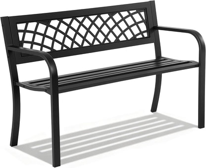 Garden Bench,Outdoor Benches,Iron Steel Frame Patio Bench with Mesh Pattern and Plastic Backrest Armrests for Lawn Yard Porch Work Entryway,Black