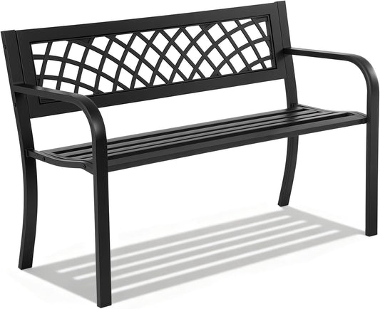 Garden Bench,Outdoor Benches,Iron Steel Frame Patio Bench with Mesh Pattern and Plastic Backrest Armrests for Lawn Yard Porch Work Entryway,Black
