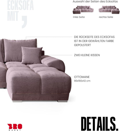 BROMARKT Corner Sofa with Sleep Function and Bed Box Sofa L Shape Couch 294 x 184 cm 5-Seater Living Room Corner Sofa Bed Living Landscape Nubes Dusky Pink