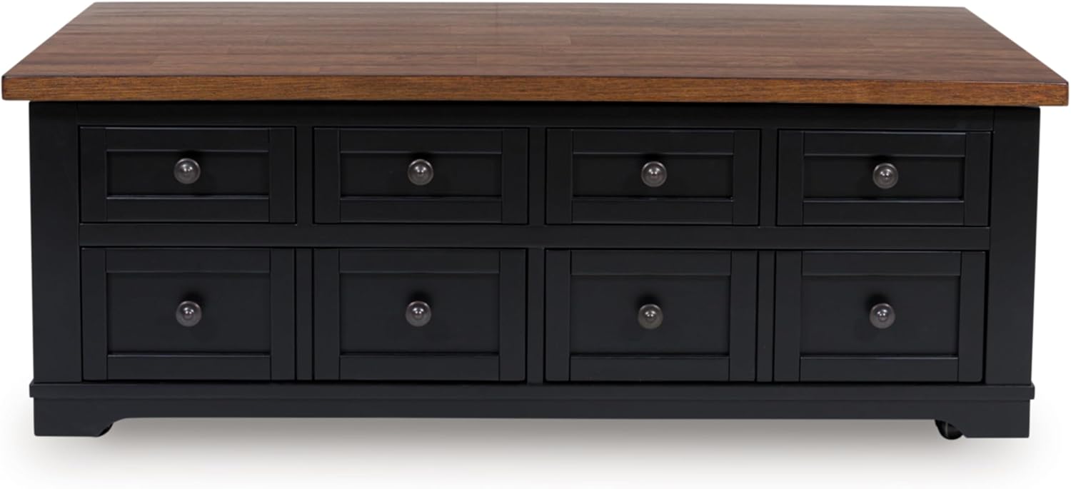 Signature Design by Ashley Wildenauer Farmhouse 2-Drawer Lift-Top Coffee Table with 2 Storage Bins Under Top and Casters, Light Brown & Black