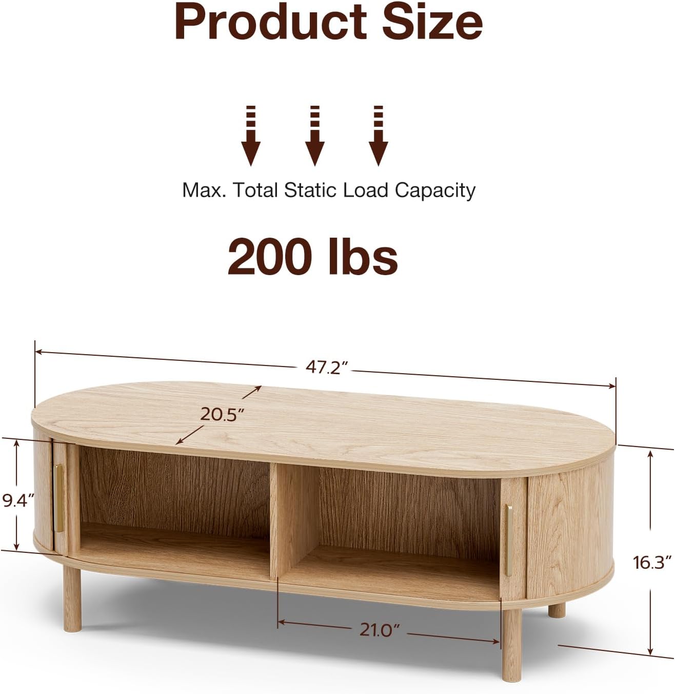 Coffee Table for Living Room, Modern Oval Coffee Table with Cabinets & Sliding Doors, Home Small Space, 29.9" Fluted Center Table, Natual