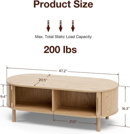 Coffee Table for Living Room, Modern Oval Coffee Table with Cabinets & Sliding Doors, Home Small Space, 29.9" Fluted Center Table, Natual
