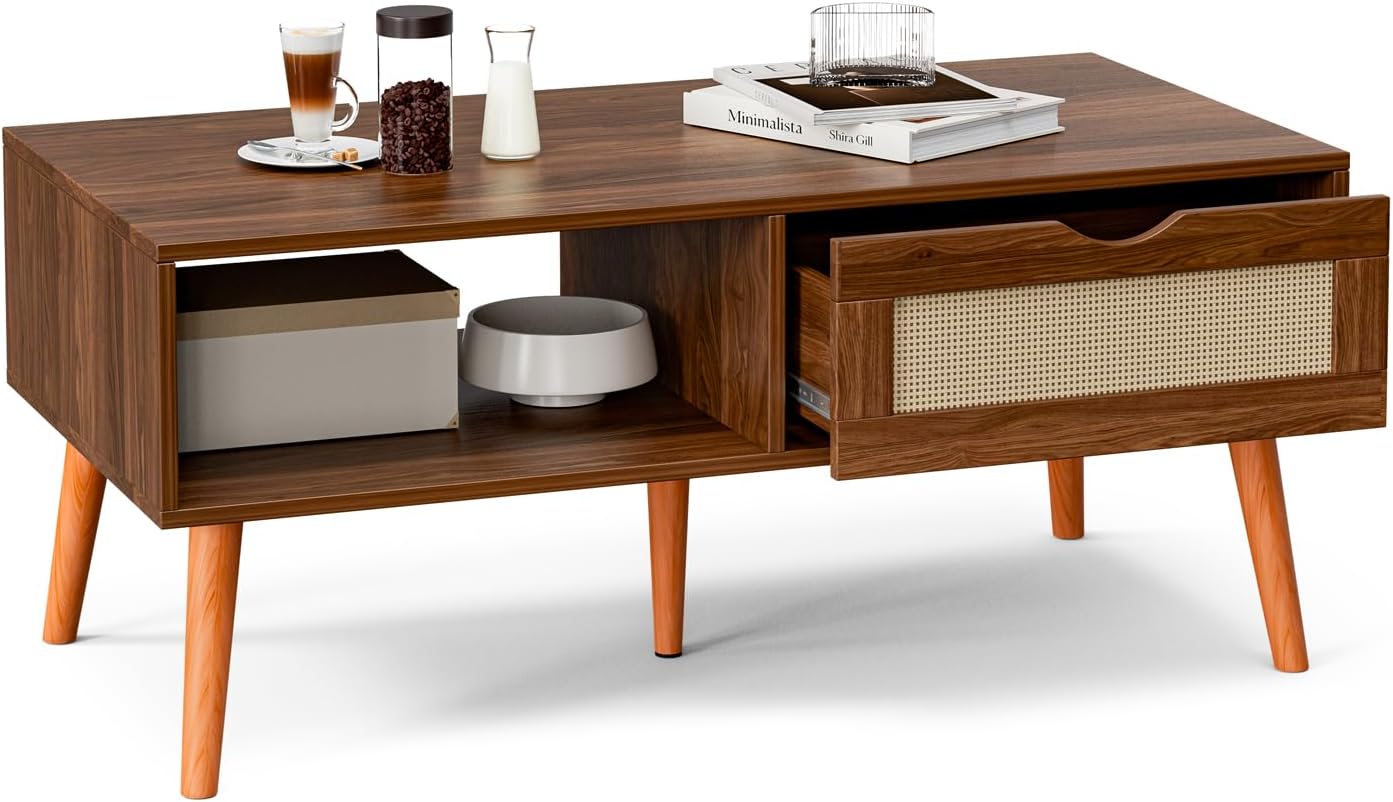 Coffee Table with Storage, Boho Dining Table with Rattan Drawer and Solid Wood Legs, Small Coffee Tables for Living Room, Walnut