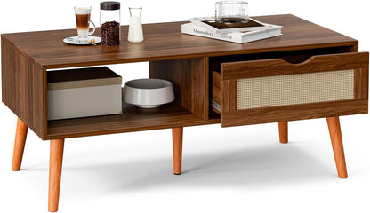 Coffee Table with Storage, Boho Dining Table with Rattan Drawer and Solid Wood Legs, Small Coffee Tables for Living Room, Walnut
