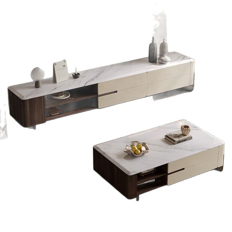 Marble Look Living Room Furniture Set Extendable Storage Coffee Table and TV Cabinet