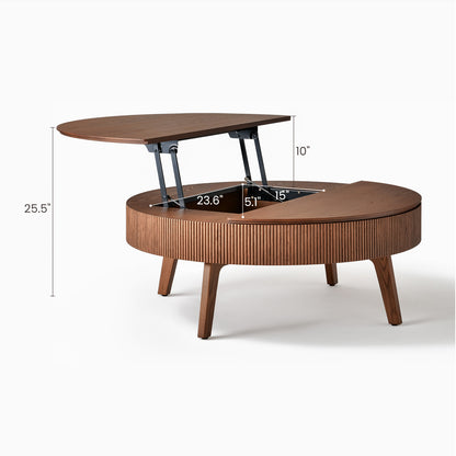 39 Inch Round Solid Wood Coffee Table Room Furniture Slatted Lift Top Coffee Table