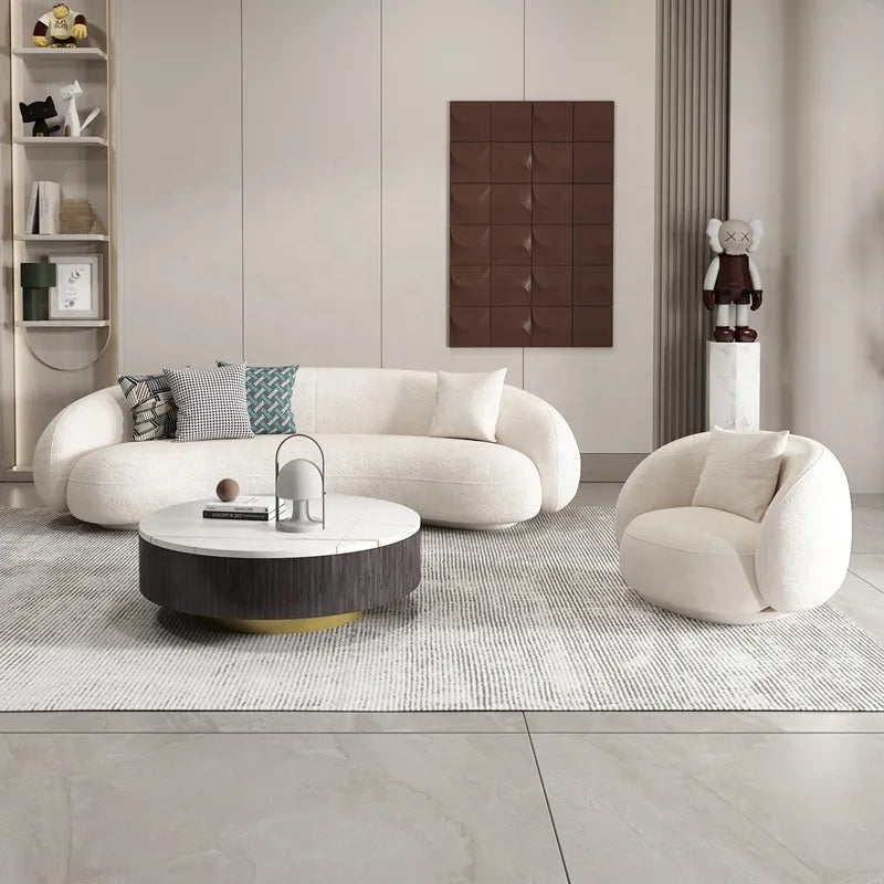 White Lamb Wool Chesterfield Sectional Sofa Bed Living Room Furniture Set