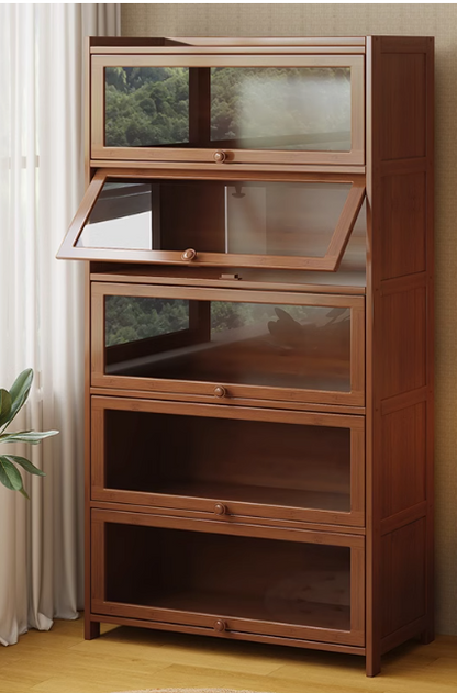 Retro Wooden Bookshelf with Doors Solid Wood Storage Cabinet