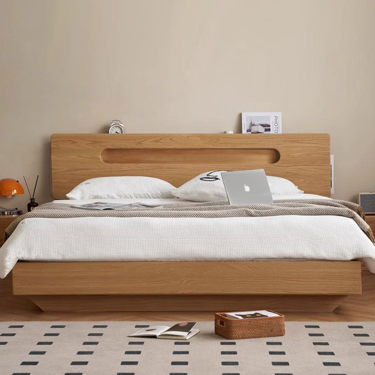 Nordic Solid Wood Oak Floating Headboard with Night Light Storage Box King Queen Size Bed