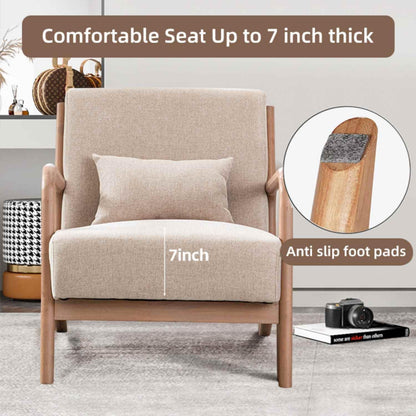 INZOY Mid Century Modern Accent Chair with Wood Frame, Upholstered Living Room Chairs with Waist Cushion, Reading Armchair for Bedroom Sunroom (Beige)