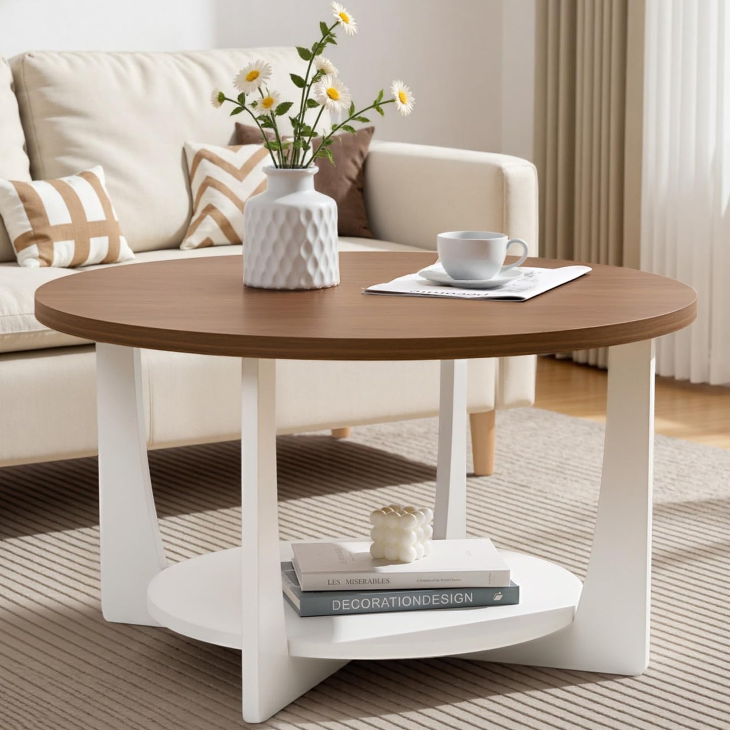 BECHAEO 31.5'' Round Coffee Table with Solid Wood Pine Legs, 2-Tier Retro Round Coffee Table with Storage Shelf, Small Modern Wood Circle Coffee Table Boho Round Center Table for Living Room (Natural)