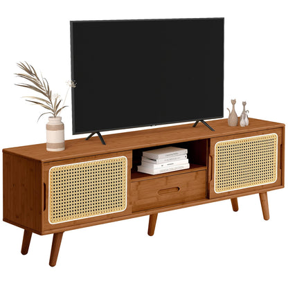 HollyHOME Bamboo TV Stand with Storage for TVs up to 65'', Modern Entertainment Center with 2 Open Shelf, Accent Media Console Table for Living Room, Bedroom, 55"(L), Walnut
