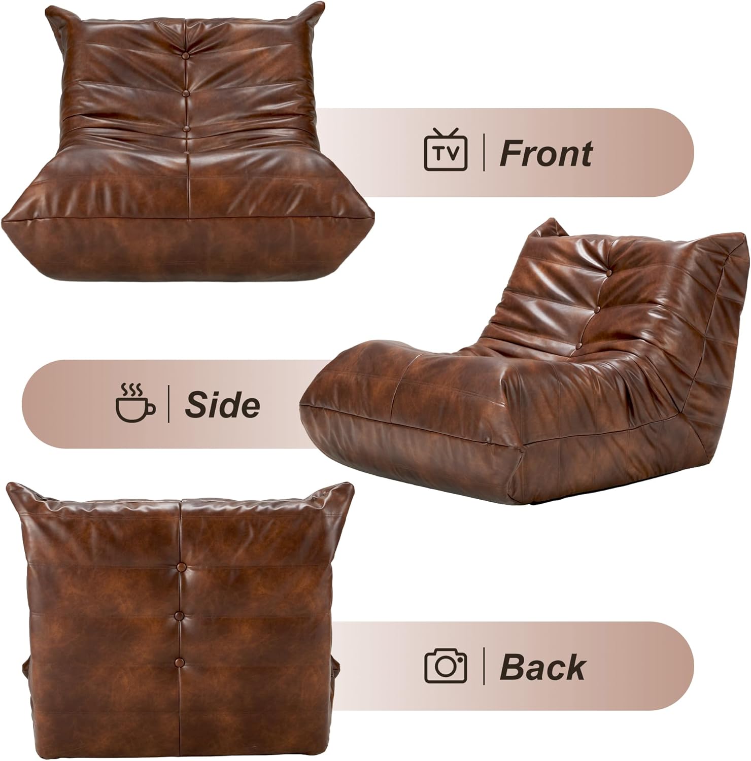 Hobestluk Giant Bean Bag Chair Lazy Floor Sofa, Memory Foam Fireside Sofa for Adults, Big Beanbag Faux Leather Armless Chair for Living Room Bedroom Dorm Office (Brown, Single)