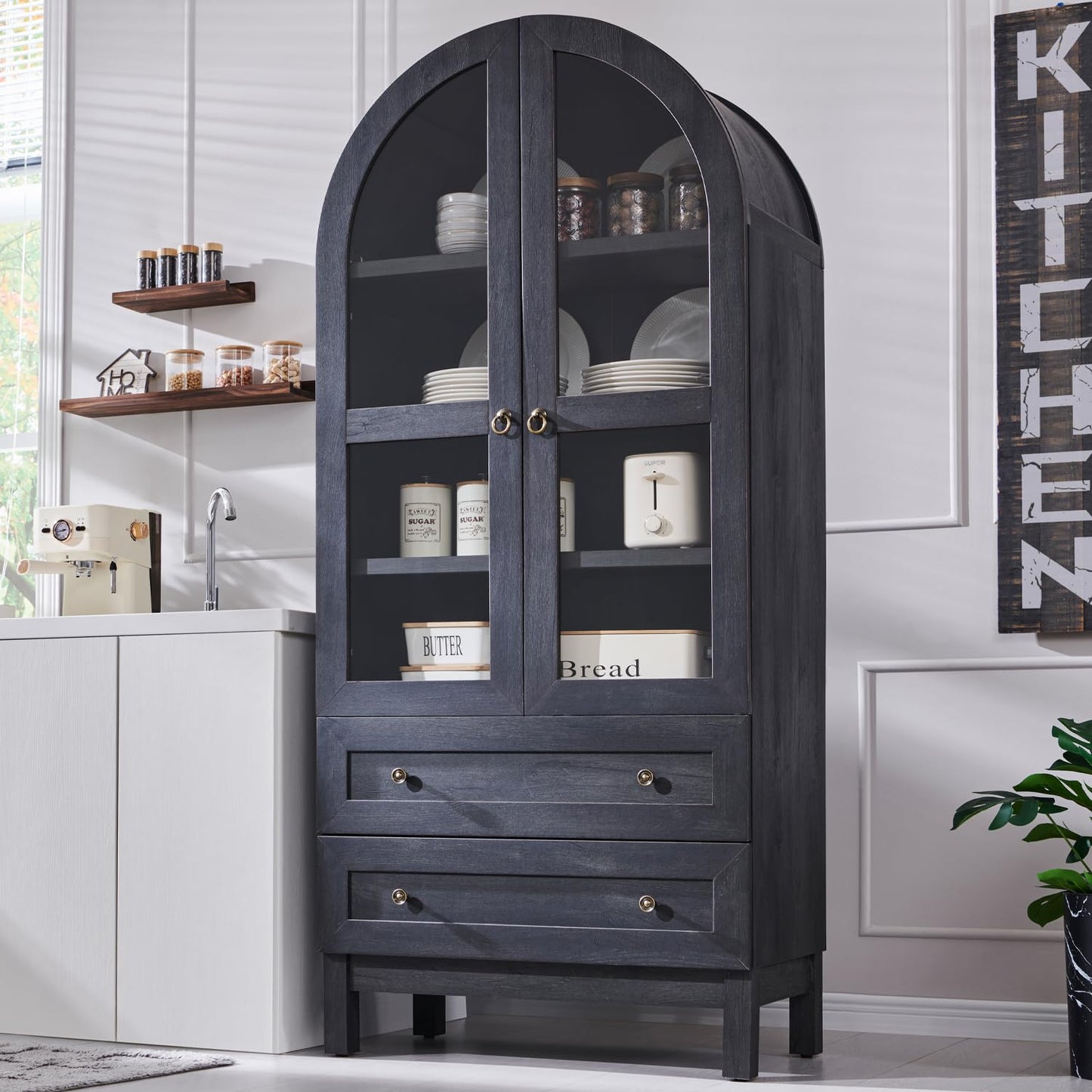71" Tall Arched Kitchen Pantry, Modern Farmhouse Wood Kitchens Storage Cabinets with 2 Large Drawers and Adjustable Shelves, Versatile Cupboard for Kitchen, Dining Room, Bathroom, Natrual