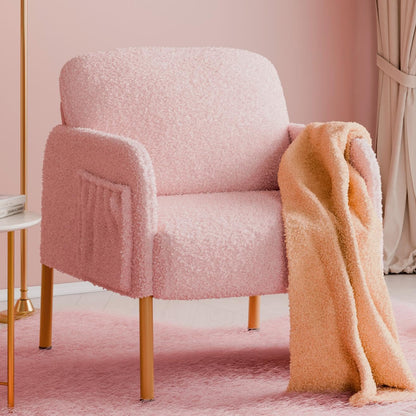 Mondeer Armchair, Single Lounge Sofa with Side Pocket with Metal Legs, Cosy Faux Lambskin Fabric, Modern, for Living Room, Bedroom, Study, 63 x 75 x 75 cm, White